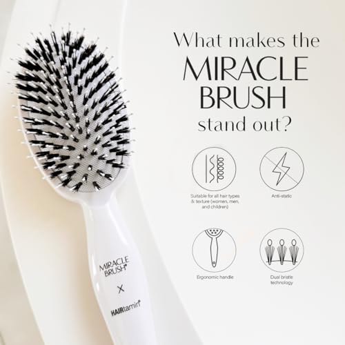 Hairtamin White Paddle Hair Brush for All Hair Types, Detangling & Styling