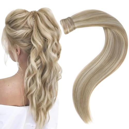 Easyouth Blonde Ponytail Extension 12 Inch Human Hair Golden Highlighted - Variation #16P24