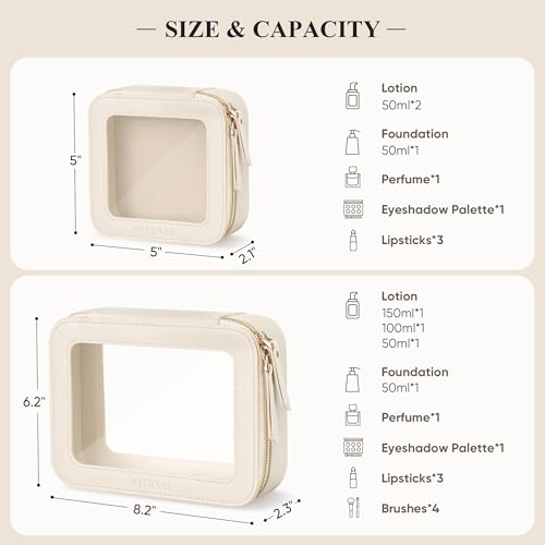 Medium Beige Clear Makeup Bag with Zipper - Travel Cosmetic Organizer