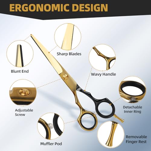 3-Piece Hair Cutting Scissors Set - Black & Gold 6.5" Barber Shears