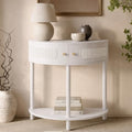 Weathered White Half Moon Entry Table - Modern Cane Console with Storage