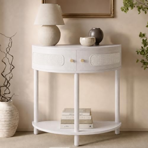 Weathered White Half Moon Entry Table - Modern Cane Console with Storage
