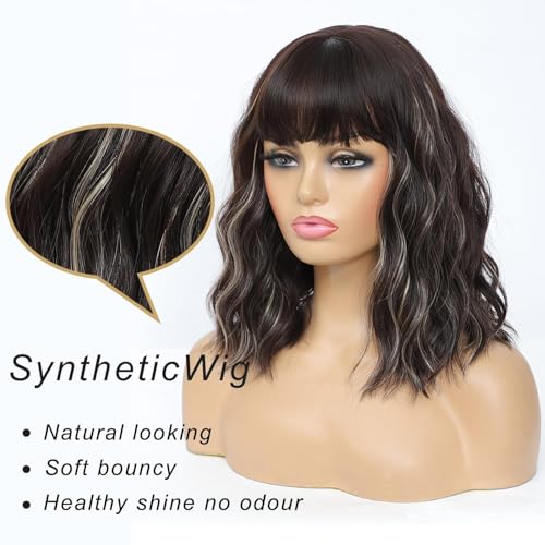 Veally Blonde Highlight Bob Wig with Bangs - Short Brown and Blonde, Natural Look, Synthetic Heat-Resistant Fiber, Variation: Brown Mixed Blonde