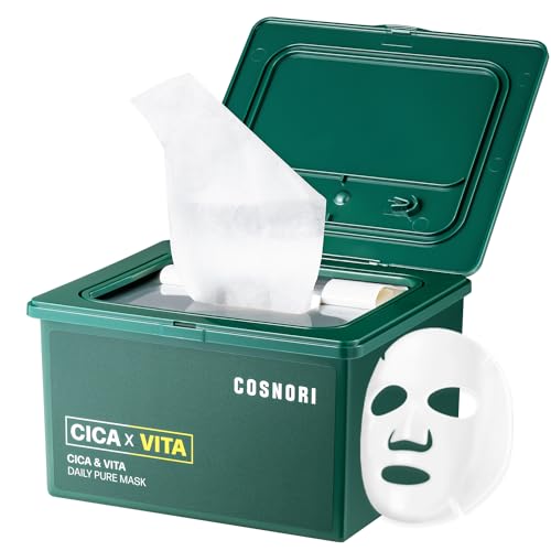 COSNORI Cica & Vitamin Daily Face Mask Pack - 30 Sheets, Vegan, Hydrating Korean Skin Care