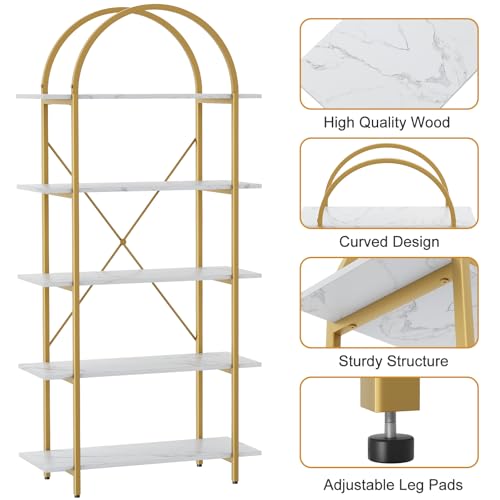 Gold 5-Tier Arched Bookshelf - Industrial Style Curved Tall Bookcase, 31.5 Inch Width