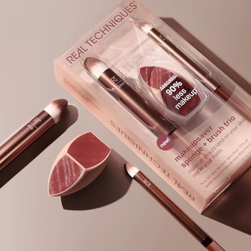 Real Techniques Makeupsaver Sponge + Brush Trio, Makeup Blending Sponge & Brushes For Liquid & Cream Foundation, Natural Finish & Reduces Makeup Waste, Cruelty & Latex-Free, 3 Piece Set