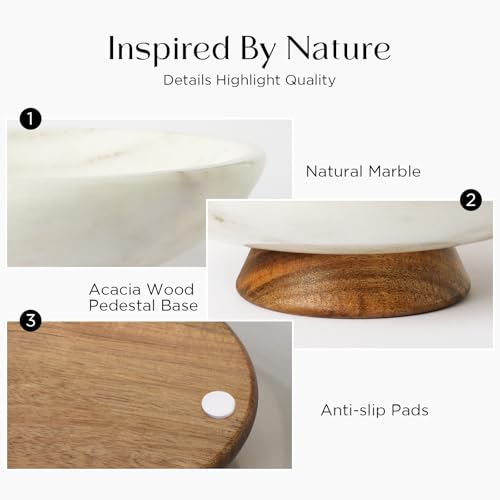 White Marble Fruit Bowl with Acacia Wood Pedestal - Large Decorative Kitchen Counter Centerpiece - 11 Inch
