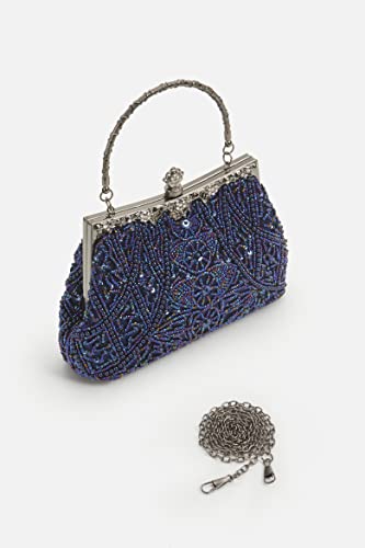 Blue Beaded Sequin Vintage Clutch Evening Bag for Women - 1920s Gatsby Style