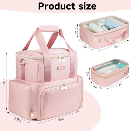 Extra Large Makeup Bag,4 in 1 Cosmetic Storage Organizer Travel Case with 3 Detachable Pouches and Dividers,Pink