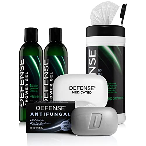 Defense Soap Peppermint Body Wash Shower Gel 8 Oz (Pack of 2), Peppermint Body Wipes 40 Count, & Defense Antifungal Medicated Bar Soap