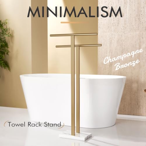 KOKOSIRI Champagne Bronze Standing Towel Rack with Marble Base, 2-Tier Bathroom Floor Towel Holder