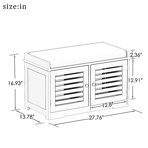 White Shoe Storage Bench with Padded Seat & 2 Doors - Modern Entryway Furniture