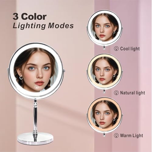 Makeup Mirror with Lights £¬8 Inch 1X/10X Rechargeable Double Sided Magnifying, 360¡Æ Rotation LED HD Mirror with 3 Colors£¬Brightness Adjustable, Gifts for Wowen & Men