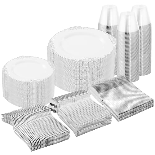 White and Silver Disposable Plastic Dinnerware Set for 100 Guests - Baroque Style
