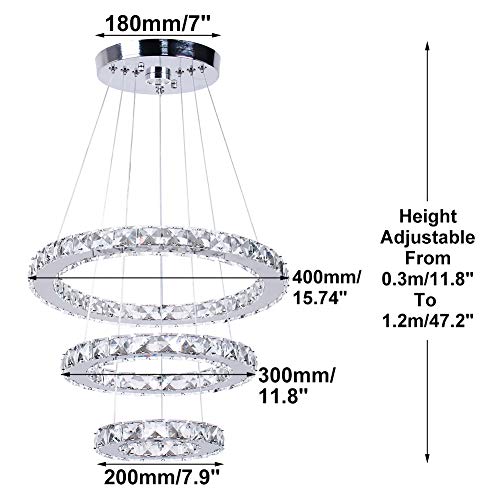 3-Ring LED Crystal Chandelier for Dining Room - Silver, Cool White, Adjustable Height