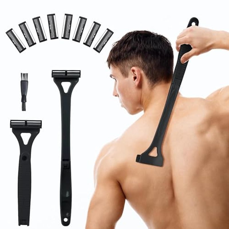 Back Shavers for Men with Foldable Long Ergonomic Handle: DIY Hair Shaver, Replaceable Safety Blade & Portable Razor Groomer for Men, Wet & Dry Shaving,Black (8PCS Blades Included)