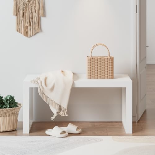 White Bamboo Entryway Bench 35.4-Inch Wooden Shoe Storage Seating - Rustic Farmhouse Style
