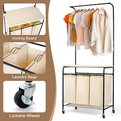 3-Section Laundry Sorter with Hanging Bar & Foldable Ironing Board, Rolling Cart