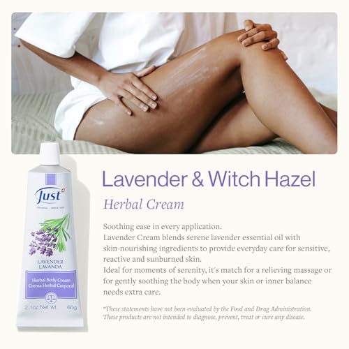 Swiss Just Lavender Cream 60g - Herbal Cream with Lavender Oil, Witch Hazel, and Aloe Vera - Eases Discomfort for Burns, Dermatitis, and Itchy Skin