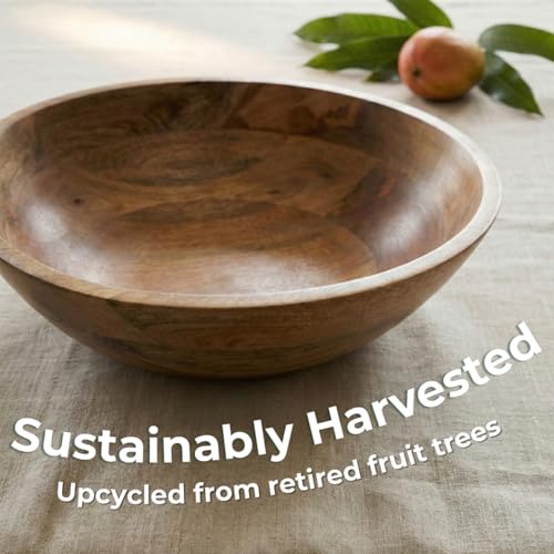 Extra Large Wooden Salad Bowl 15 Inch with Serving Utensils - Handcrafted Mango Wood Family Serving Bowl - X-Large