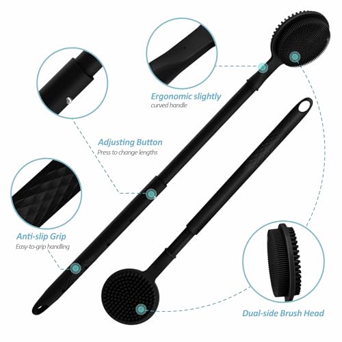 Silicone Back Scrubber & Soft Bath Glove 2PCS, 16''- 24'' Extendable Shower Scrubber with Dual-Side Head, 360¡Æ Anti-Slip & Hand-fit Silicone Body Scrubber for Rich Foaming Deep Cleaning(Black)