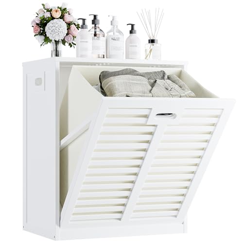 White Tilt Out Laundry Hamper Cabinet with 20 Gallon Basket & Bamboo Surface