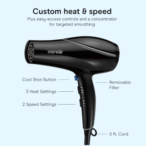 Conair Hair Dryer with Concentrator Attachment, Ceramic Technology,