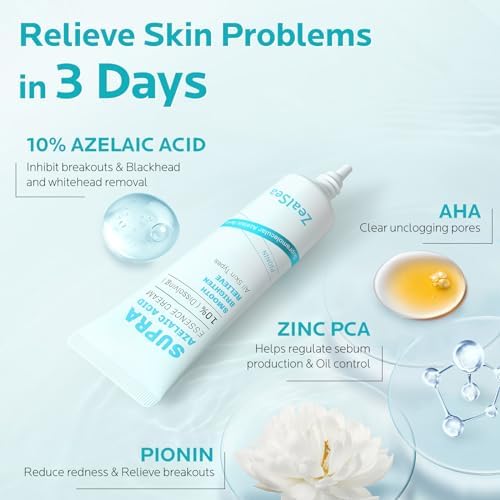 Azelaic Acid Facial Cream 10% - Pimple Relief & Skin Clarifying Serum with AHA, 1 Oz