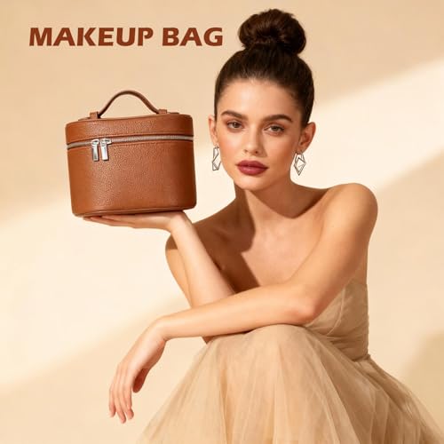 Makeup Case, Large Capacity Leather Makeup Bag with Removable Washable Compartment, Portable Waterproof Leather Cosmetic Case, Multi-functional Travel Organizer, Brown