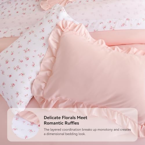 Pink Ruffle Queen Comforter Set with Floral Sheets - 7 Pieces, Blush Pink R
