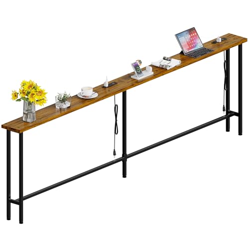 Rustic Brown 90-Inch Sofa Table with Built-In Power Strip and USB Ports