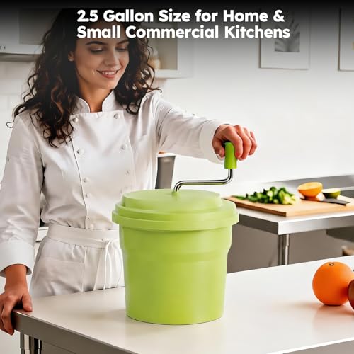 Green 2.5 Gallon Commercial Salad Spinner - Heavy Duty Vegetable Dryer with Ergonomic Aluminum Handle