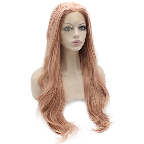 24-Inch Long Wavy Synthetic Lace Front Wig - Natural Hand Tied Rose Pink & Black Green Mix