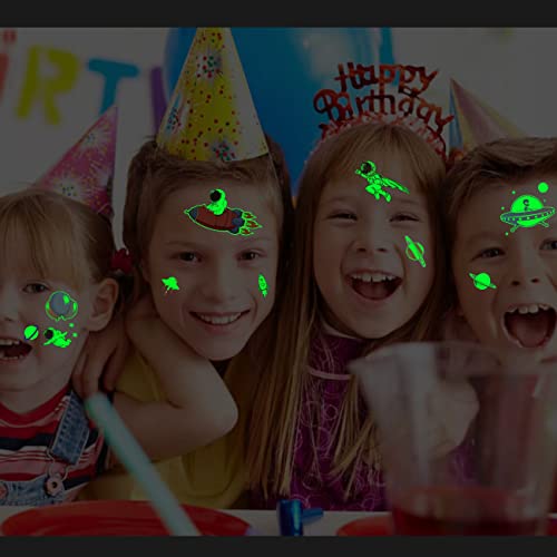 Luminous Outer Space Tattoos for Kids - 14 Sheets Glow in The Dark Astronaut Spaceship Planet Temporary Tattoos for Boys Girls Birthday Party Favors Goodie Bag Fillers