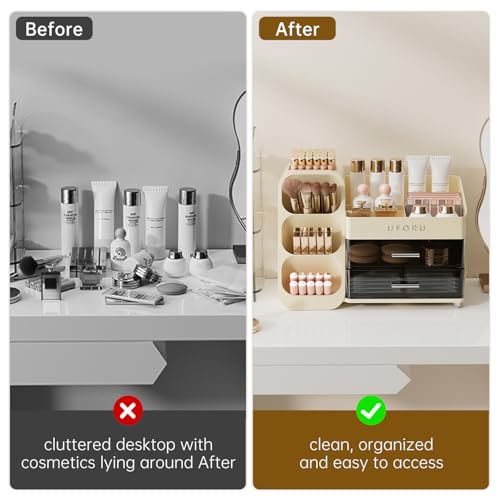 Cream White UFORU Makeup Organizer with Brush Holder for Vanity & Bathroom