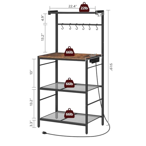 MAHANCRIS Rustic Brown & Black 22.4-inch Kitchen Bakers Rack with Power Outlet & Hooks