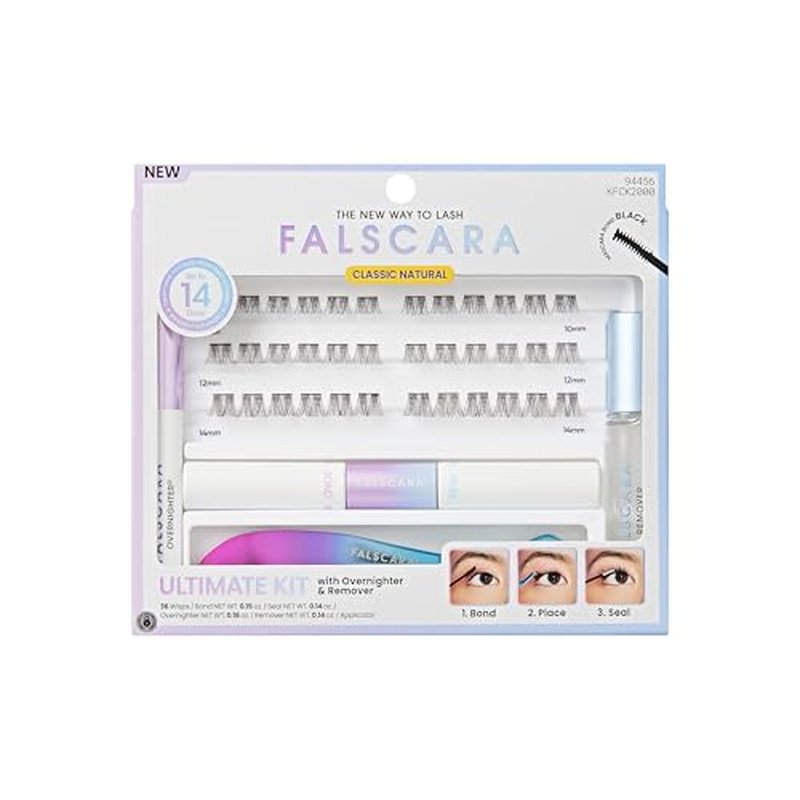 FALSCARA False Eyelash Clusters Special All Inclusive Starter Kit, Bond & Seal, Precision Applicator, Overnighter & Remover, 36 Lengthening 10mm-14mm Sporty Rounded Natural Volume Lash Extension Wisps