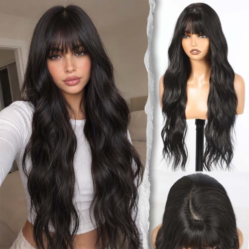 Jet Black Wavy PuffPro Voluminous Wig with Bangs - 28 Inch Long Realistic Scalp for Women