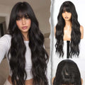 Jet Black Wavy PuffPro Voluminous Wig with Bangs - 28 Inch Long Realistic Scalp for Women