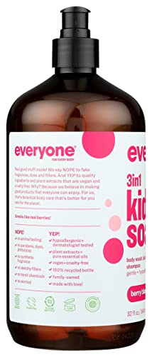Everyone 3-In-1 Berry Blast Kids Soap 32 Fl Oz - Gentle Hypoallergenic Body Wash Shampoo & Bubble Bath