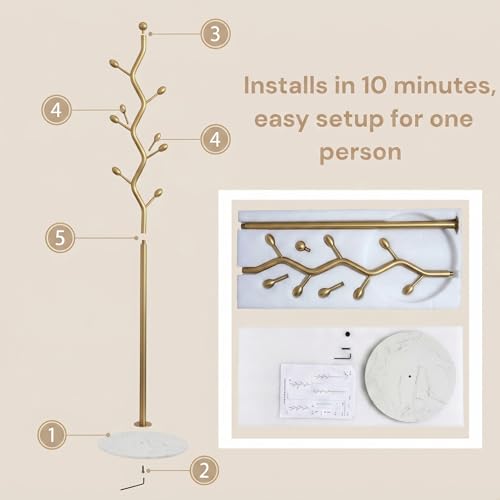 Gold Freestanding Coat Rack with Marble Base & 9 Hooks - Modern Entryway Organizer