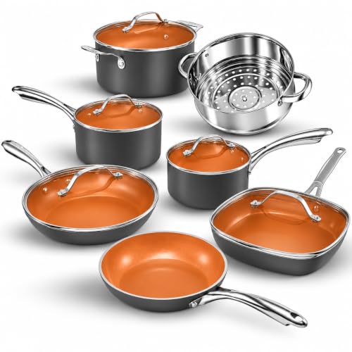 12 Piece Nonstick Titanium Ceramic Cookware Set with Steamer - Gotham Steel