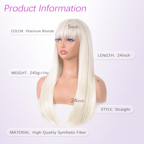 Long Straight Platinum Blonde Wig with Bangs - 24 Inch Heat-Resistant Synthetic Hair - Cosplay & Daily Wear - Variation: Straight / Platinum Blonde