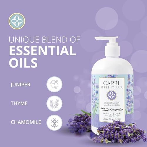 CAPRI ESSENTIALS Hand Soap Liquid, Natural Household Cleaning Supplies, Gentle Plant Based Aromatic Hand Wash, Blend of Essential Oils, Removes Dirt & Grime, White Lavender Scent, 16 FL Oz (6 Pack)