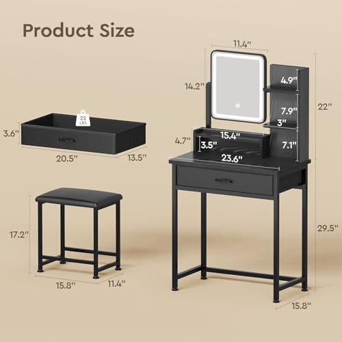 Black Makeup Vanity Desk with Mirror & LED Lights, Small Storage, Fabric Drawer - 23.6in