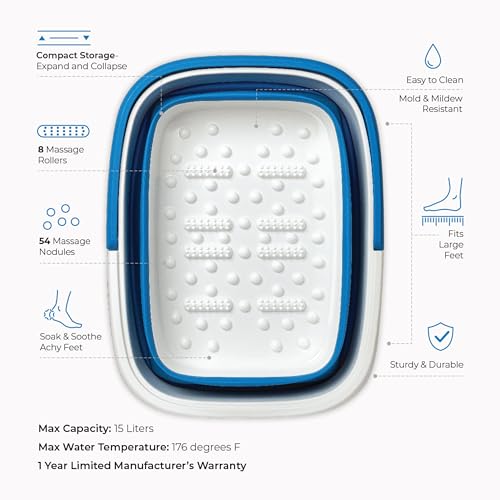 Mantello Collapsible Foot Bath Tub Blue Portable Foot Spa Pedicure Basin - Large & Foldable