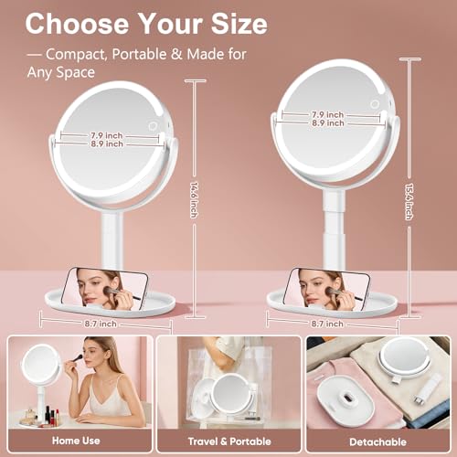 Lighted Makeup Mirror with 10X Magnification, Rechargeable LED Magnifying Vanity Mirror with 3 Lights, Adjustable Height, Storage Base and Phone Holder, Gifts for Women, White, 8 inch