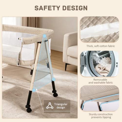 3-in-1 Baby Bassinet Bedside Sleeper with Mesh Sides & Height Adjustment - Beige