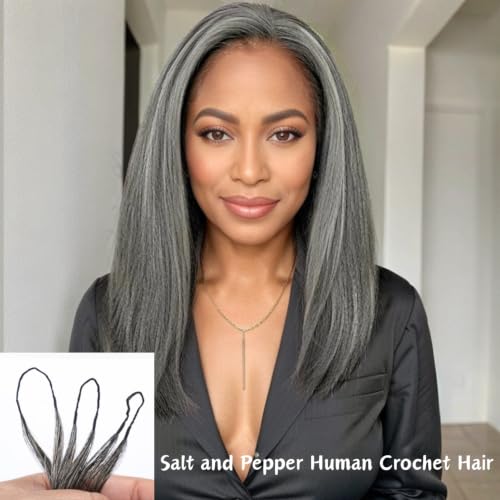 Grey Salt and Pepper Crochet Hair 12 Inch 50 Strands - Reusable Human Hair Bundles for Black Women, Invisible Knotless Style - #Grey Straight-50Strands / 12IN