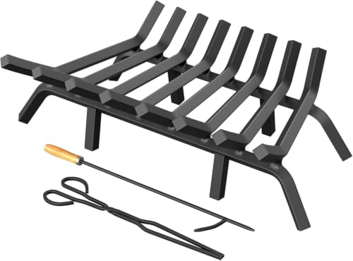 30 Inch Fireplace Grate with 8 Support Legs & Fire Tongs Poker - Square Variation